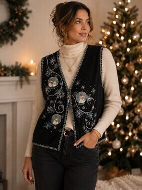 Marissa Christina The Christmas Collection 2006 Embellished Sweater Vest Black M